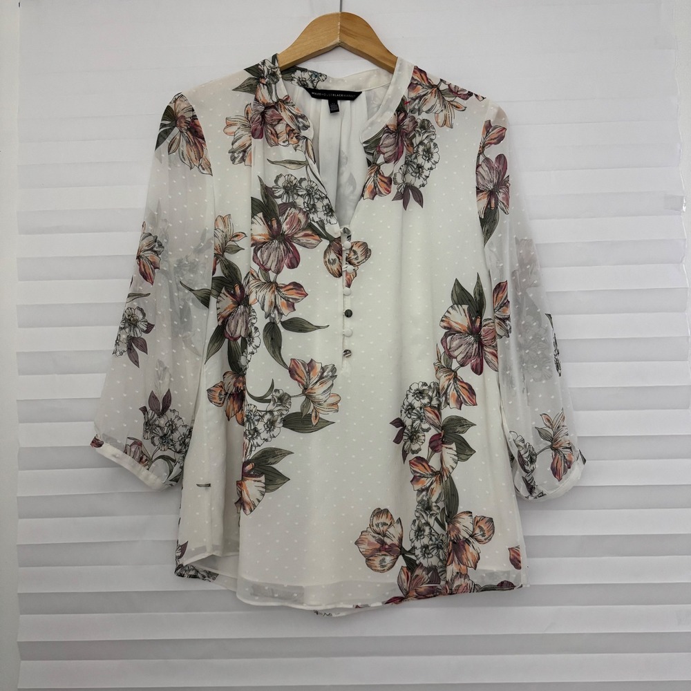White House Black Market Floral Clip Dot Blouse White Size 14 3/4 Sleeve Top